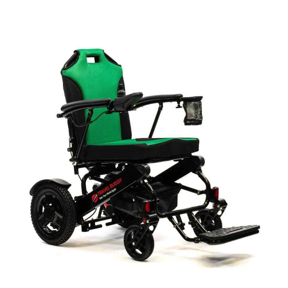 Left angle view of the CITY 2 PLUS electric wheelchair featuring fresh green breathable cushions.